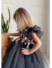 Black 3D Floral Lace Tulle Flower Girl Dress With Bow Black 3D Floral Lace Tulle Flower Girl Dress With Bow